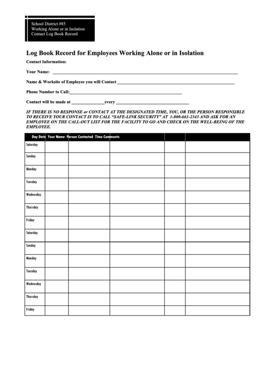 Record Form For Employees Working Alone Or In Isolation Printable pdf