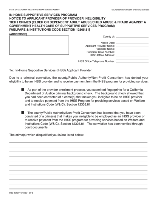 Fillable Form Soc 852 - Notice To Applicant Provider Of Provider Ineligibility Tier I Crimes Printable pdf