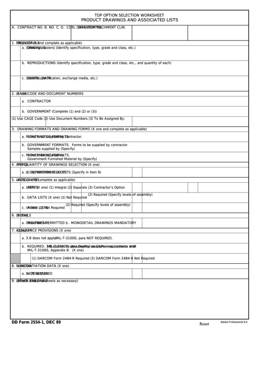 Fillable Dd Form 2554-1 - Tdp Option Selection Worksheet, Product Drawings And Associated Lists Printable pdf