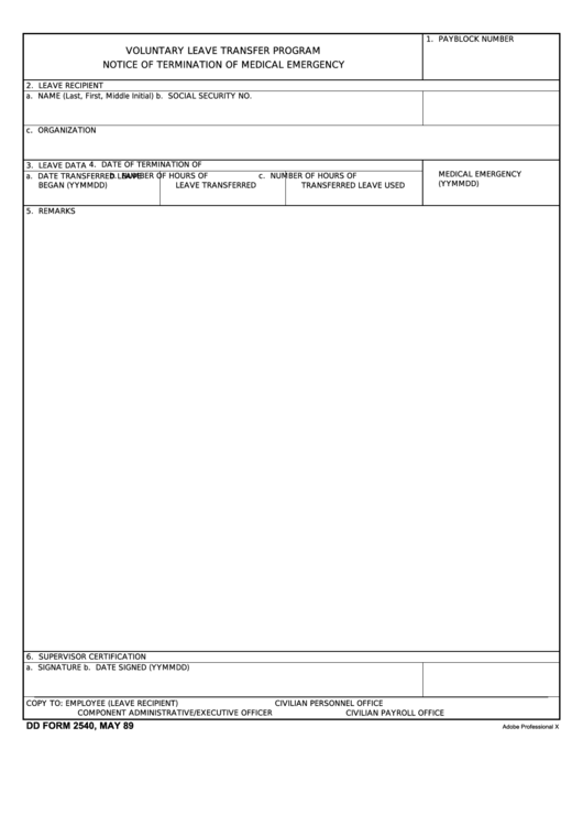 Fillable Dd Form 2540 - Voluntary Leave Transfer Program Notice Of Termination Of Medical Emergency Printable pdf