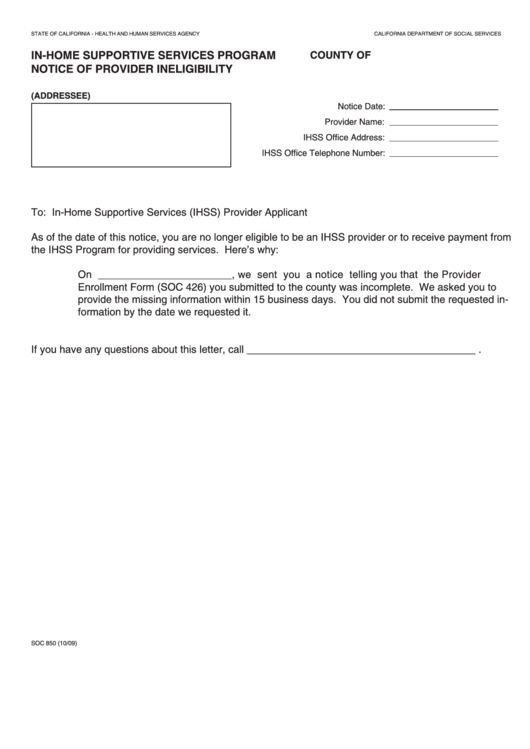 Fillable Form Soc 850 - Notice Of Provider Ineligibility Printable pdf