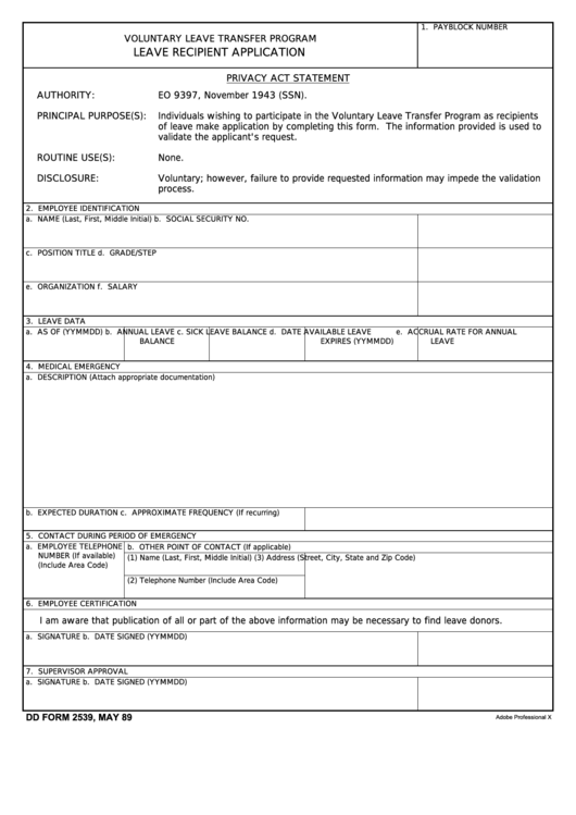 Fillable Dd Form 2539 - Voluntary Leave Transfer Program Leave Recipient Application Printable pdf