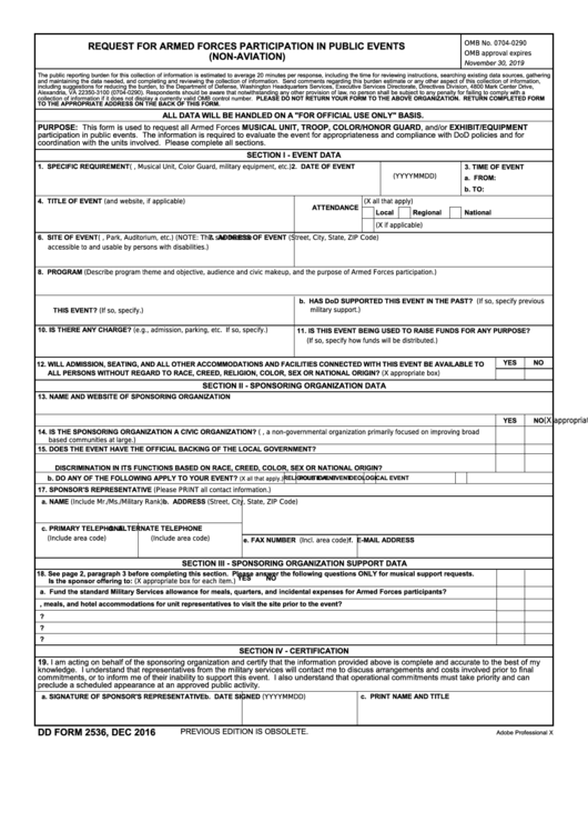 Fillable Dd Form 2536 - Request For Armed Forces Participation In Public Events (Non-Aviation) Printable pdf
