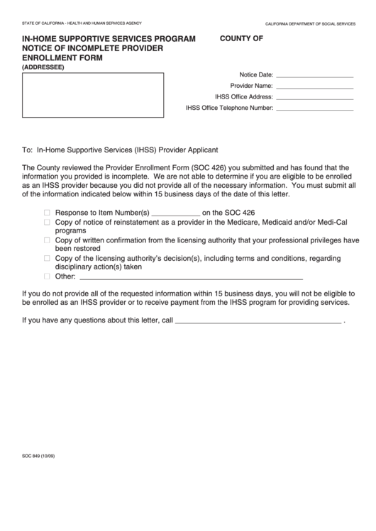 Fillable Form Soc 849 - Notice Of Incomplete Provider - Enrollment Form Printable pdf