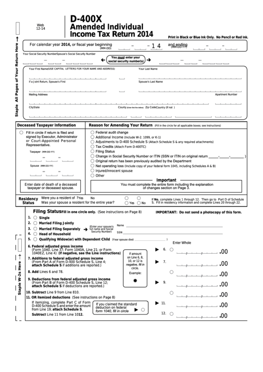 Form D-400x - Amended Individual Income Tax Return - 2014 Printable pdf