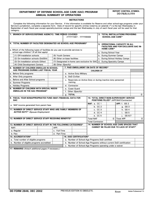 Fillable Dd Form 2646 - Department Of Defense School-Age Care (Sac) Program Annual Summary Of Operations Printable pdf