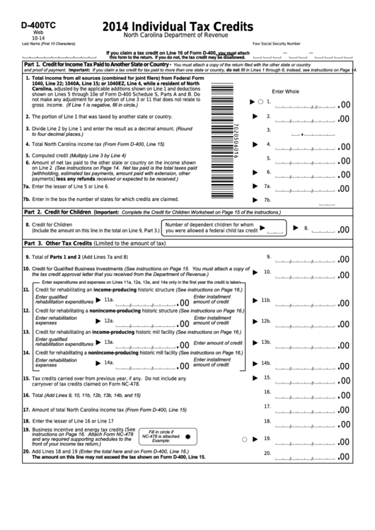 Form D-400tc - Individual Tax Credits - 2014 Printable pdf