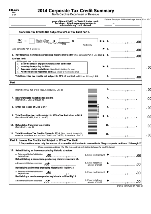 Form Cd-425 - Corporate Tax Credit Summary - 2014 Printable pdf