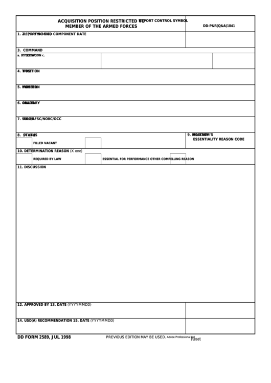 Fillable Dd Form 2589 Acquisition Position Restricted To Member Of