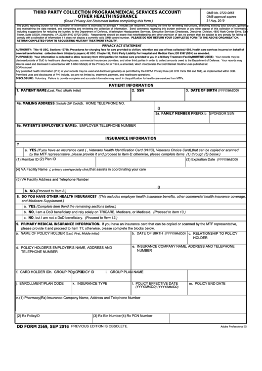 Fillable Dd Form 2569 - Third Party Collection Program/medical Services Account/other Health Insurance Printable pdf