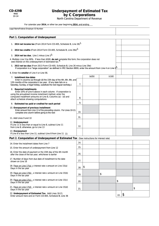 Form Cd-429b - Underpayment Of Estimated Tax By C Corporations Printable pdf