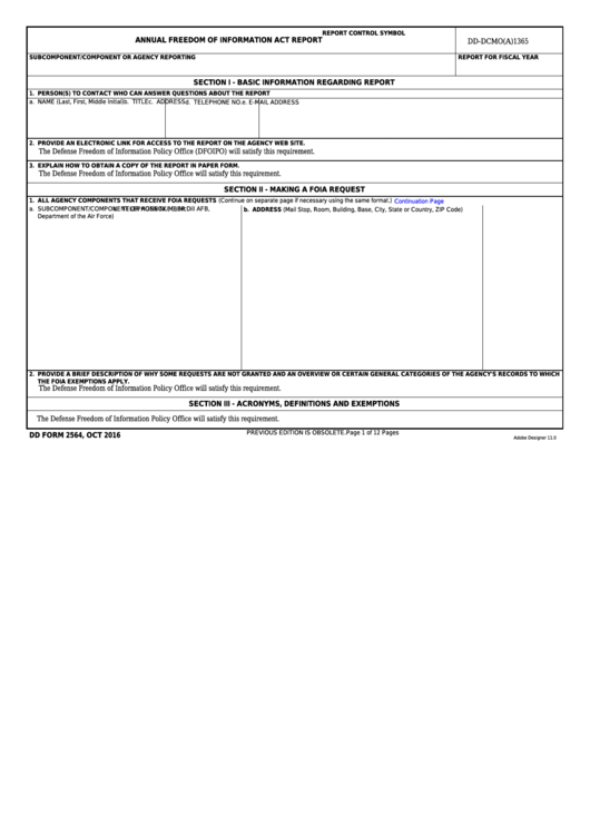 Fillable Dd Form 2564 - Annual Foia Report Printable pdf