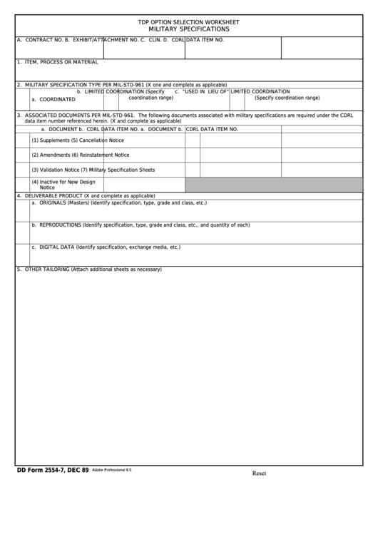 Fillable Dd Form 2554-7 - Tdp Option Selection Worksheet - Military Specifications Printable pdf