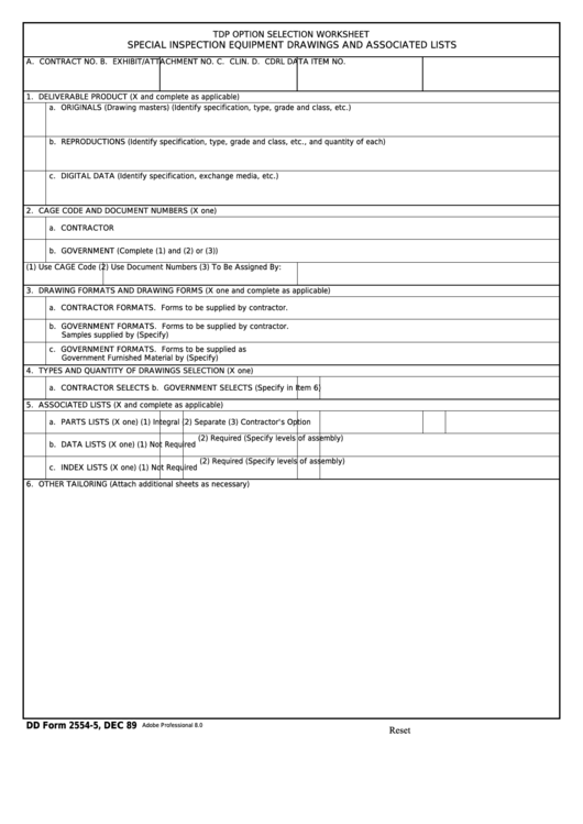Fillable Dd Form 2554-5 - Tdp Option Selection Worksheet Special Inspection Equipment Drawings And Associated Lists Printable pdf