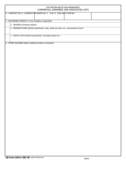 Fillable Dd Form 2554-4 - Tdp Option Selection Worksheet - Commercial Drawings And Associated Lists Printable pdf