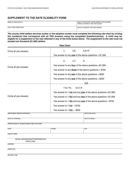 Fillable Form Soc 836 - Supplement To The Rate Eligibility Printable pdf
