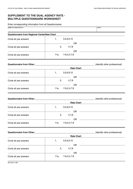 Fillable Form Soc 835 - Supplement To The Dual Agency Rate - Multiple Questionnaire Worksheet Printable pdf