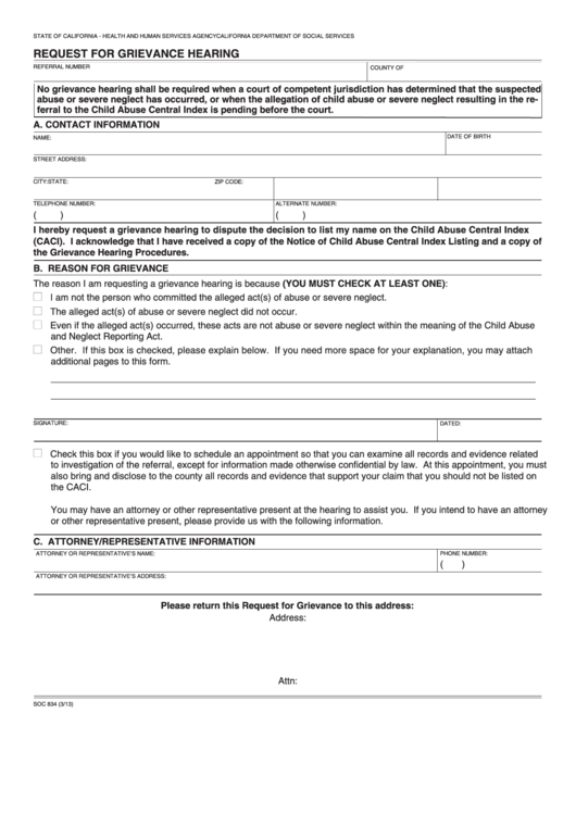 Fillable Form Soc 834 - Request For Grievance Hearing Printable pdf