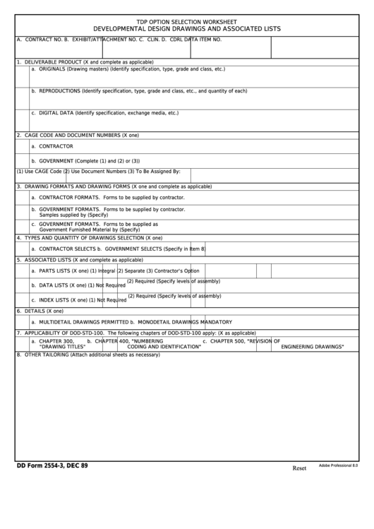 Fillable Dd Form 2554-3 - Tdp Option Selection Worksheet Developmental Design Drawings And Associated Lists Printable pdf