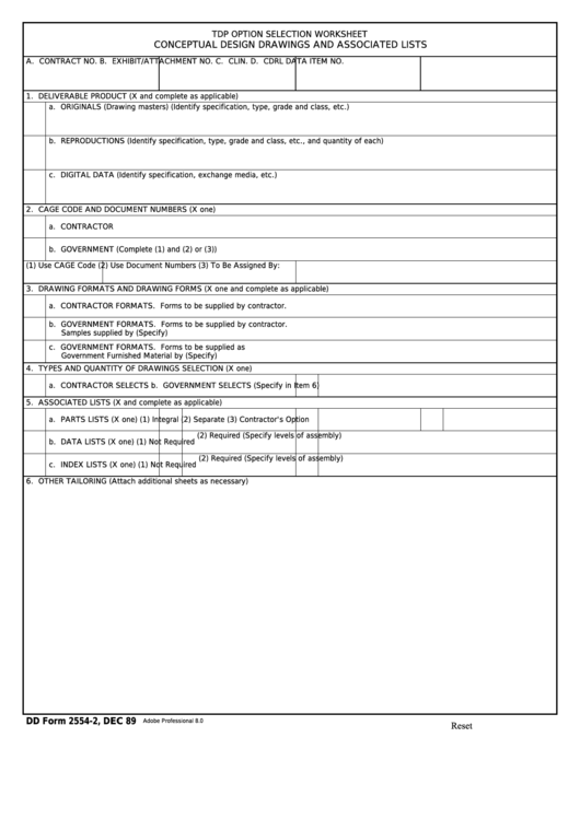 Fillable Dd Form 2554-2 - Tdp Option Selection Worksheet Conceptual Design Drawings And Associated Lists Printable pdf