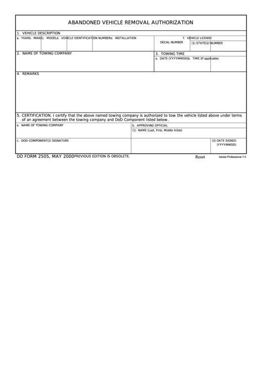 Fillable Dd Form - Abandoned Vehicle Removal Authorization Printable pdf