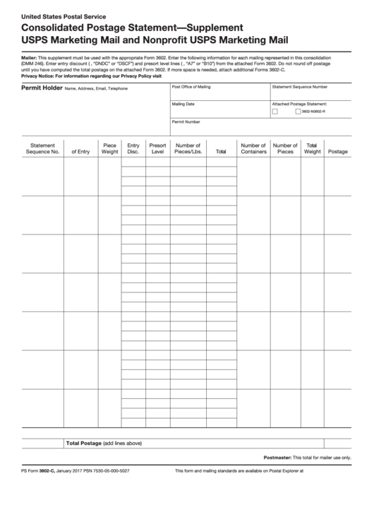 Ps Form 3602-C - Consolidated Postage Statement - Supplement Usps Marketing Mail And Nonprofit Usps Marketing Mail Printable pdf