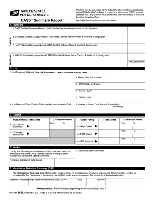 Ps Form 3553 - Cass Summary Report Printable pdf