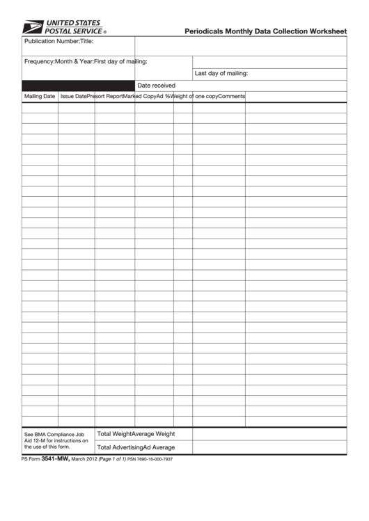 Fillable Ps Form 3541-Mw - Periodicals Monthly Data Collection Worksheet Printable pdf