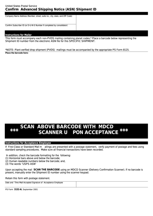 Fillable Ps Form 3152-A - Confirm Advanced Shipping Notice (Asn) Shipment Id Printable pdf