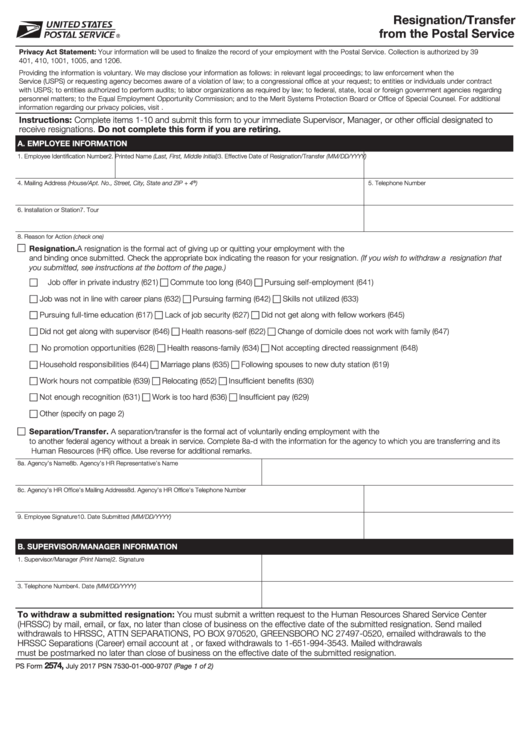 Ps Form 2574 - Resignation/transfer From The Postal Service Printable pdf