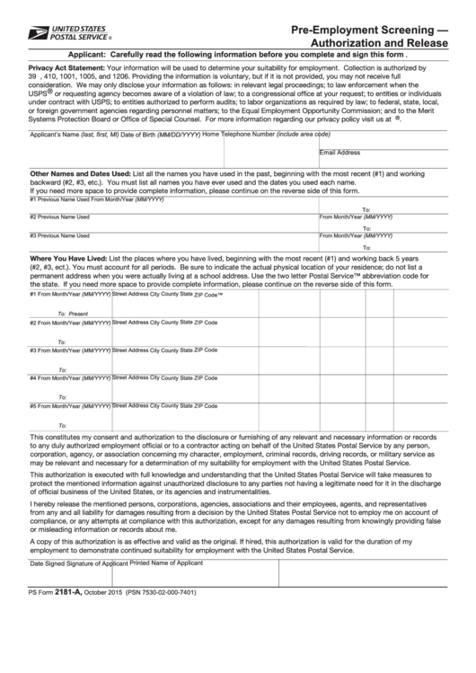 Fillable Ps Form 2181-A - Printable pdf