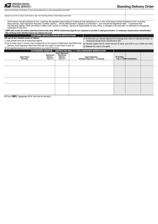 Ps Form 3801 - Standing Delivery Order Printable pdf