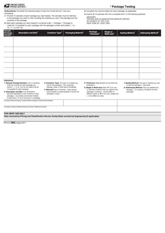 Fillable Ps Form 3683 - U.s. Postal Service Package Testing Printable pdf