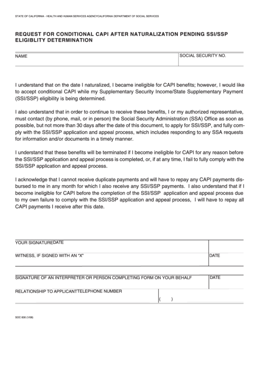 Fillable Form Soc 830 - Request For Conditional Capi After Naturalization Pending Ssi/ssp Eligibility Determination Printable pdf