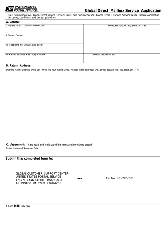Fillable Ps Form 3658 - Global Direct Mailbox Service Application Printable pdf