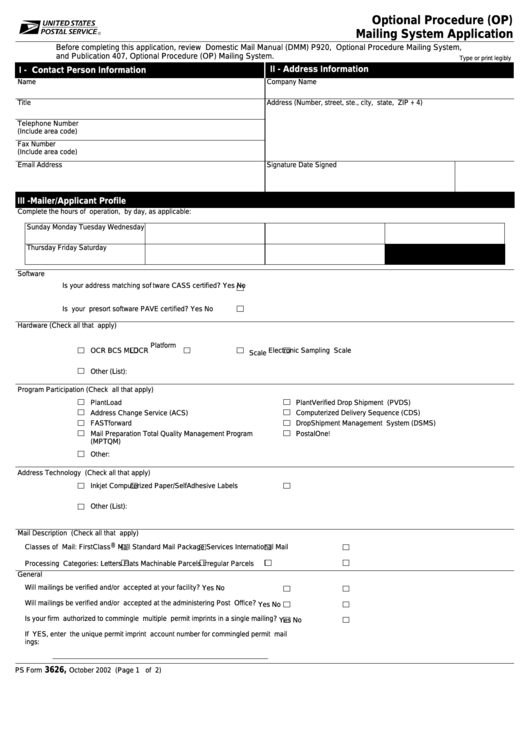 Fillable Ps Form 3626 - Optional Procedure (Op) Mailing System Application Printable pdf