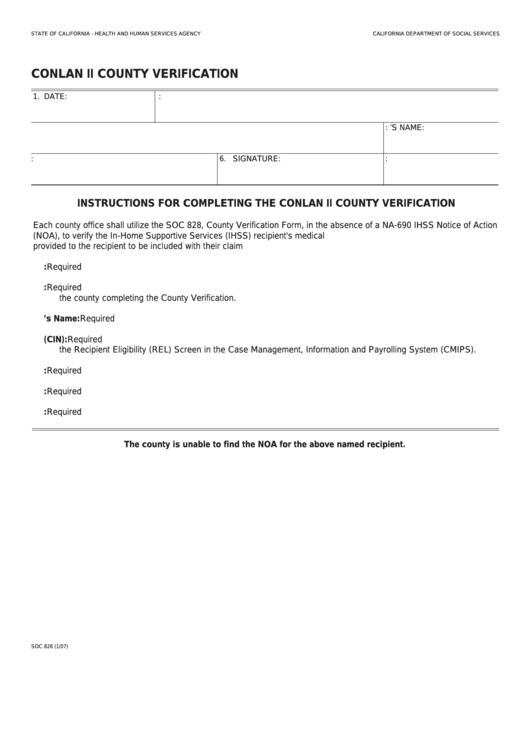 Fillable Form Soc 828 - Conlan Ii County Verification Printable pdf
