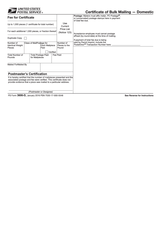 Fillable Ps Form 3606-D - Certificate Of Bulk Mailing - Domestic Printable pdf