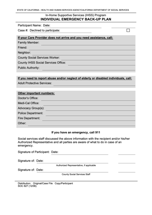 Fillable Form Soc 827 - Individual Emergency Back-Up Plan Printable pdf
