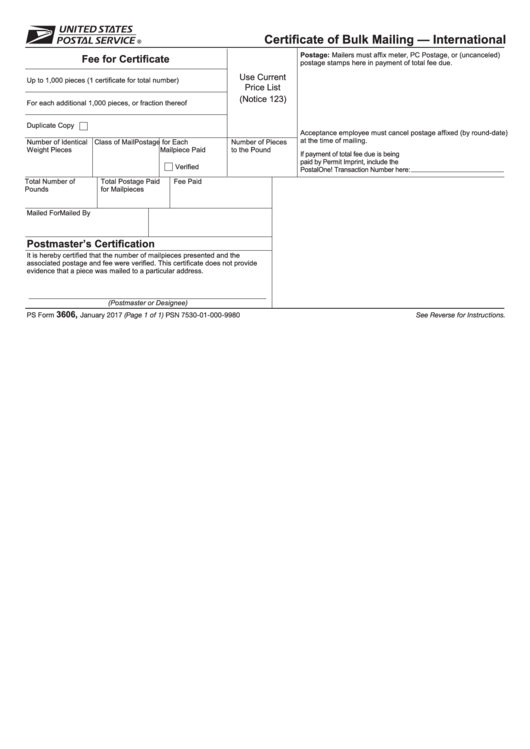 Ps Form 3606 - Certificate Of Bulk Mailing - International Printable pdf