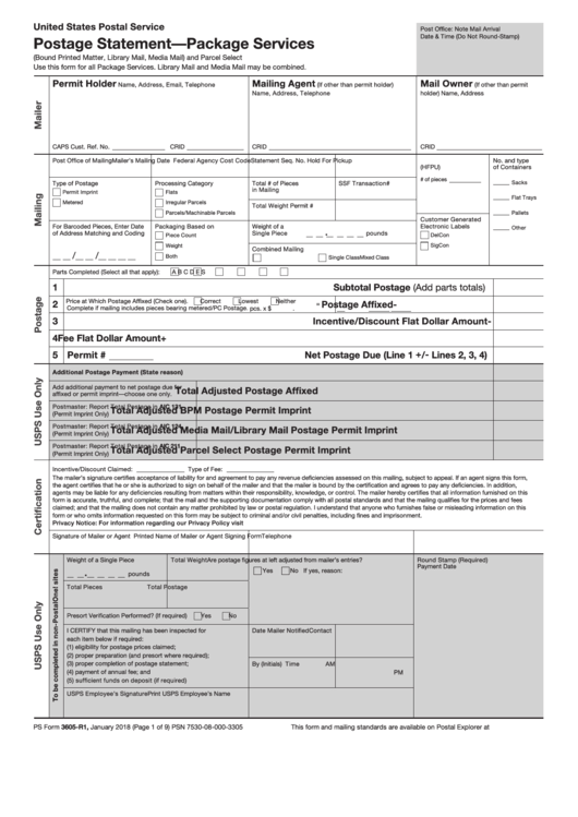 Ps Form 3605-R1 - Postage Statement - Package Services Printable pdf