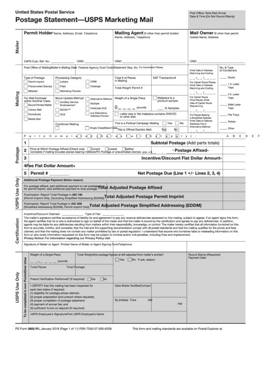 Ps Form 3602R1 Postage Statement Usps Marketing Mail printable pdf
