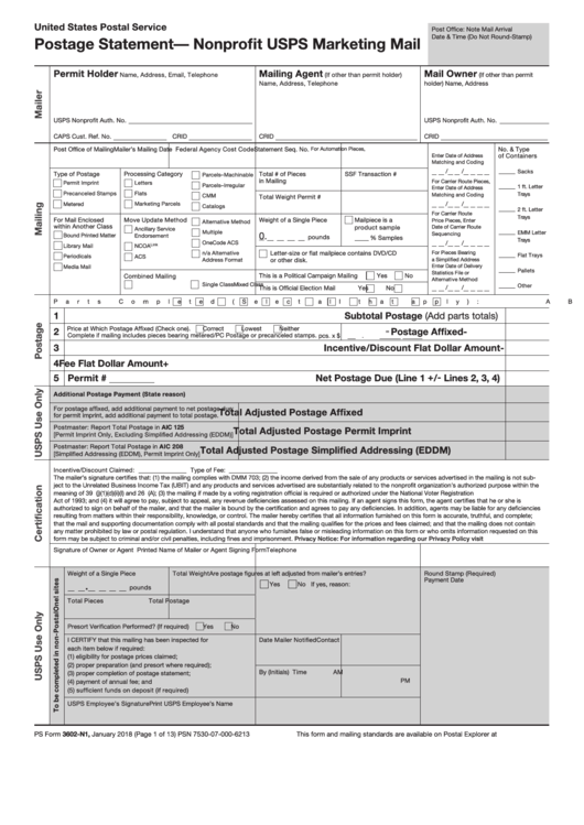 Ps Form 3602-N1 - Postage Statement - Nonprofit Usps Marketing Mail Printable pdf