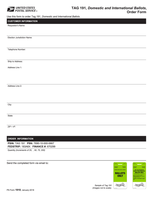 Ps Form 1910 - Tag 191, Domestic And International Ballots, Order Form Printable pdf