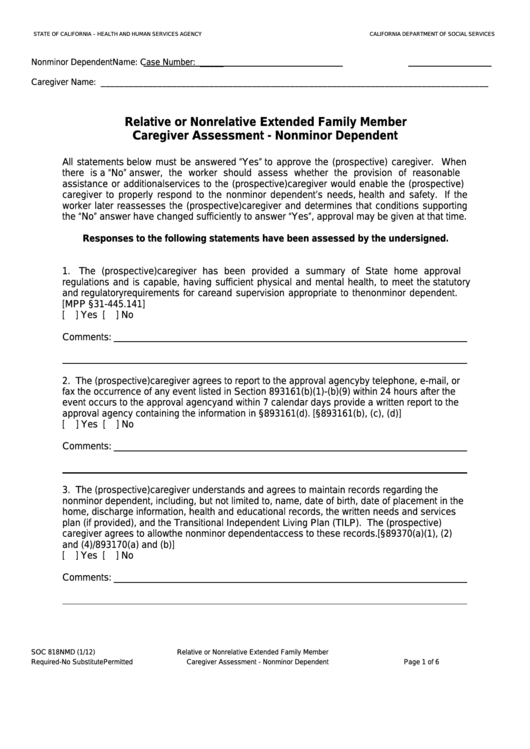 Fillable Form Soc 818nmd - Relative Or Nonrelative Extended Family Member Caregiver Assessment - Nonminor Dependent Printable pdf