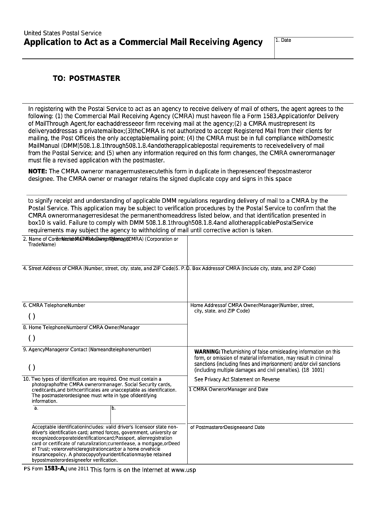 Fillable Ps Form 1583-A - Application To Act As A Commercial Mail Receiving Agency Printable pdf