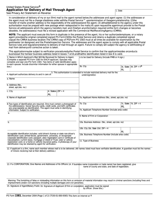 Fillable Ps Form 1583 - Application For Delivery Of Mail Through Agent Printable pdf