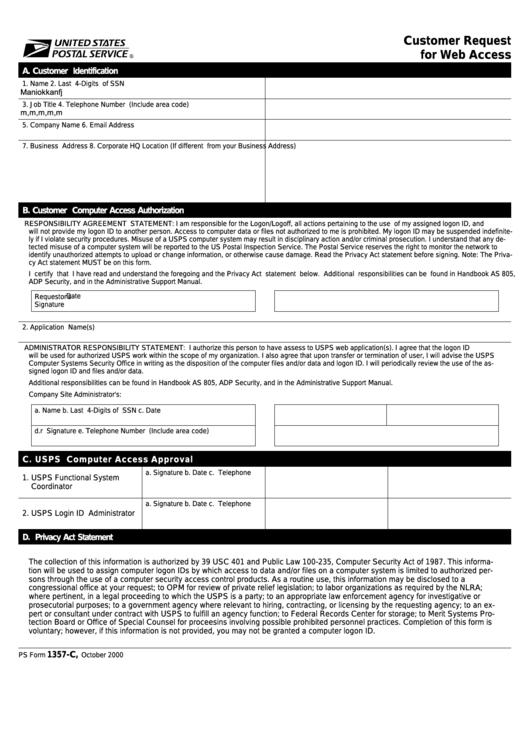 Fillable Ps Form 1357-C - Customer Request For Web Access Printable pdf