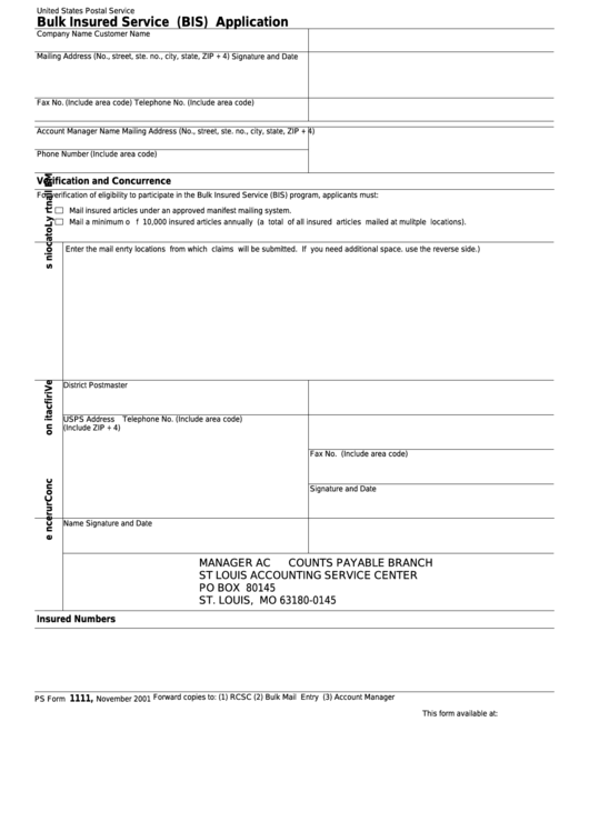 Fillable Ps Form 1111 - Bulk Insured Service (Bis) Application Printable pdf