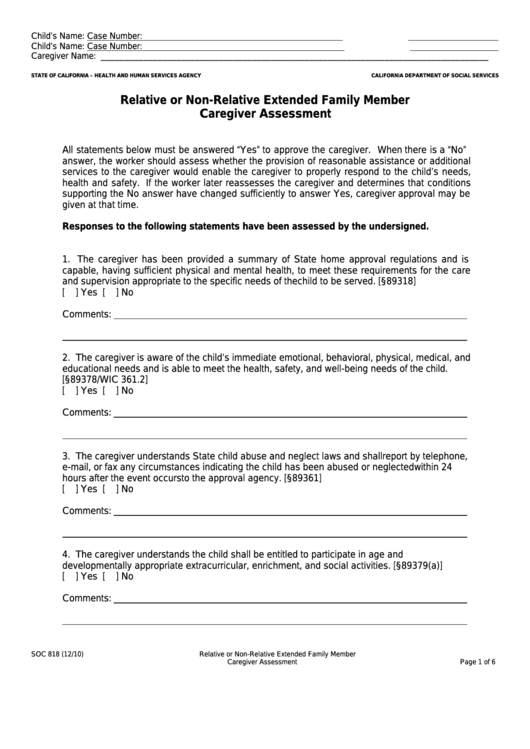 Fillable Form Soc 818 - Relative Or Non-Relative Extended Family Member Caregiver Assessment Printable pdf